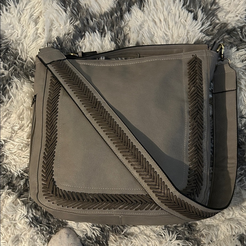 JEN&Co. Aris Hobo Taupe Vegan Leather Whipstitch Detail Shoulder/Guitar Straps